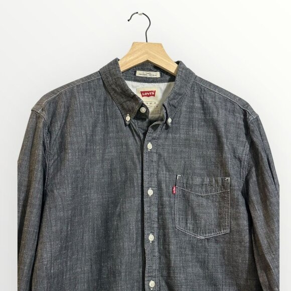 Levi’s Men’s Button Down Shirt XL Black Gray Chambray Long Sleeve Slim Fit Cotto - Picture 15 of 16